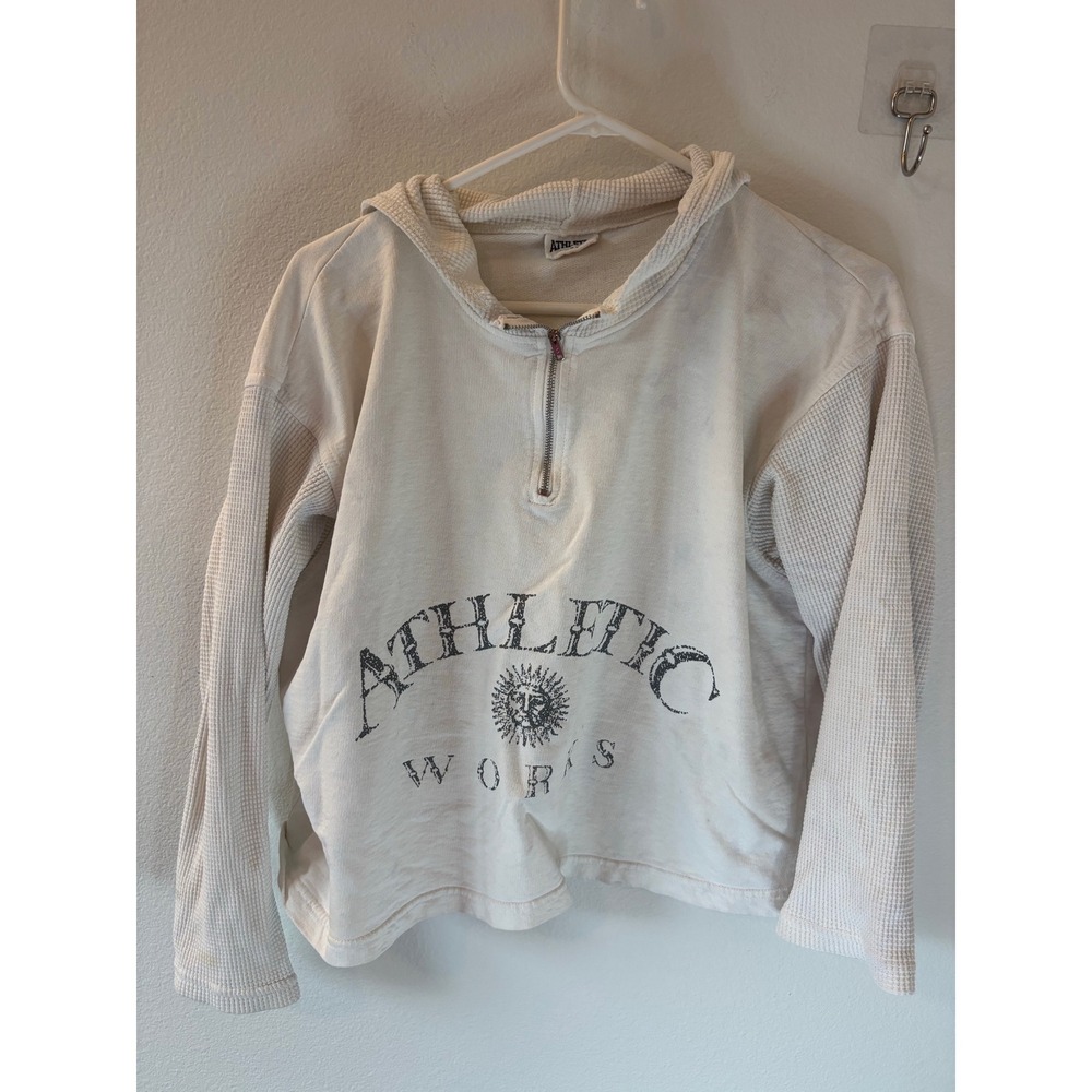 Athletic Works Sun Graphic Quarter Zip‎ Waffle Knit Hoodie Cream White Pullover
